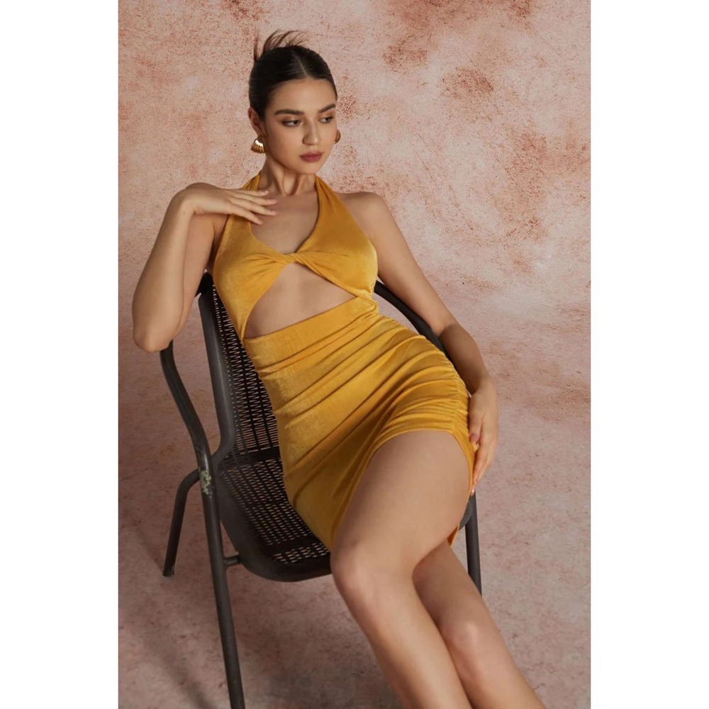 Micas Halter Mini Dress Cutout Ruched Bodycon Party Cocktail Yellow Dress Size S